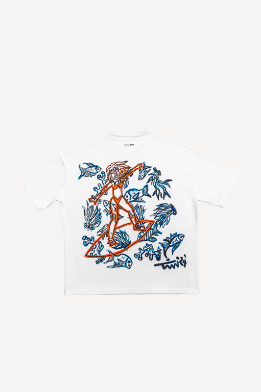68 | THE CHARITY TEE `SURFING` | WHITE GOLDGARN DENIM