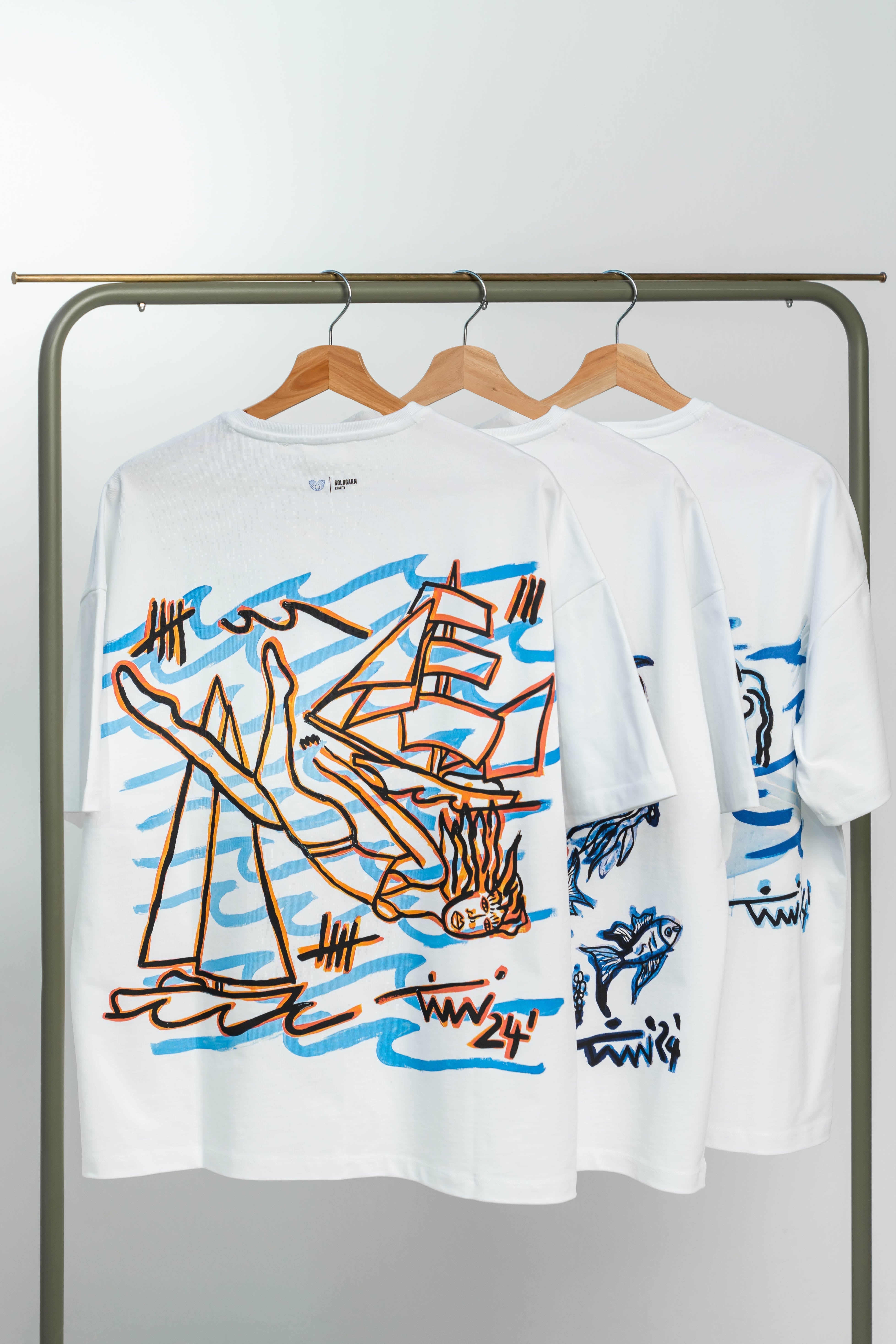 68 | THE CHARITY TEE `DIVING` | WHITE GOLDGARN DENIM