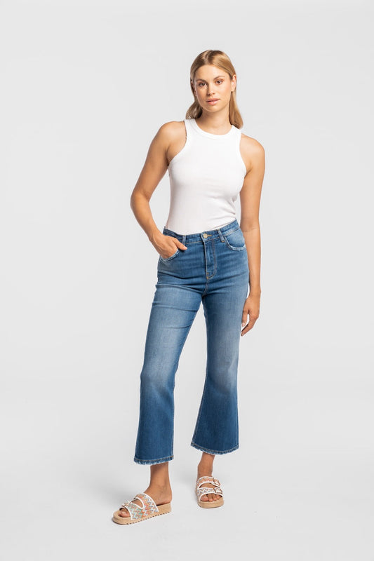 LUISENPARK | CROPPED FLARE | MIDBLUE GOLDGARN DENIM